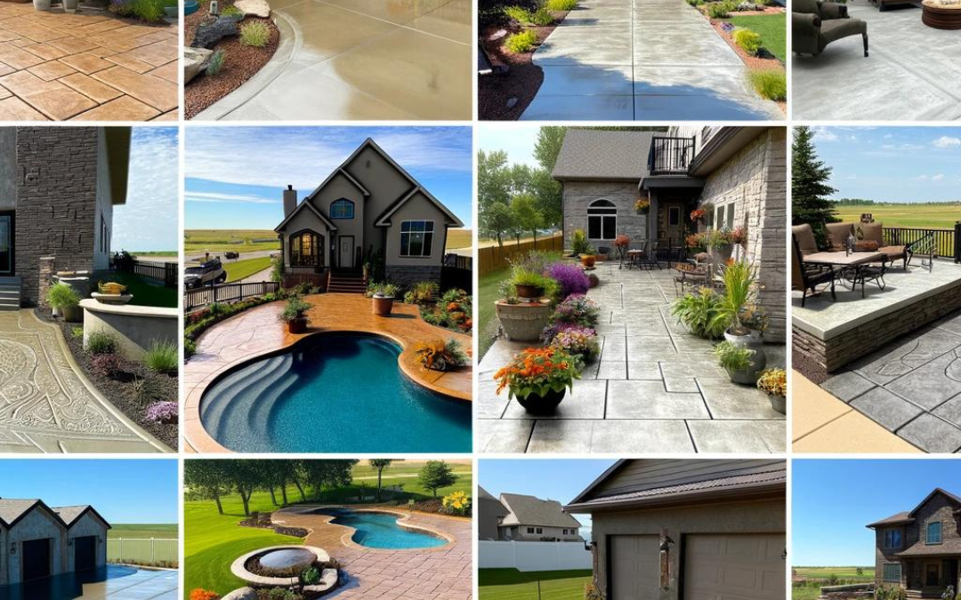 A collage of Gomez Concrete LLC projects, showcasing residential patios, commercial foundations, and decorative stamped concrete paths in Sioux Falls